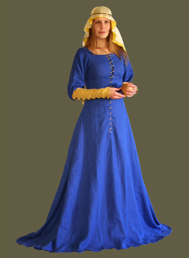 gownLngSlv_15thc_BlueGoldLinen_front