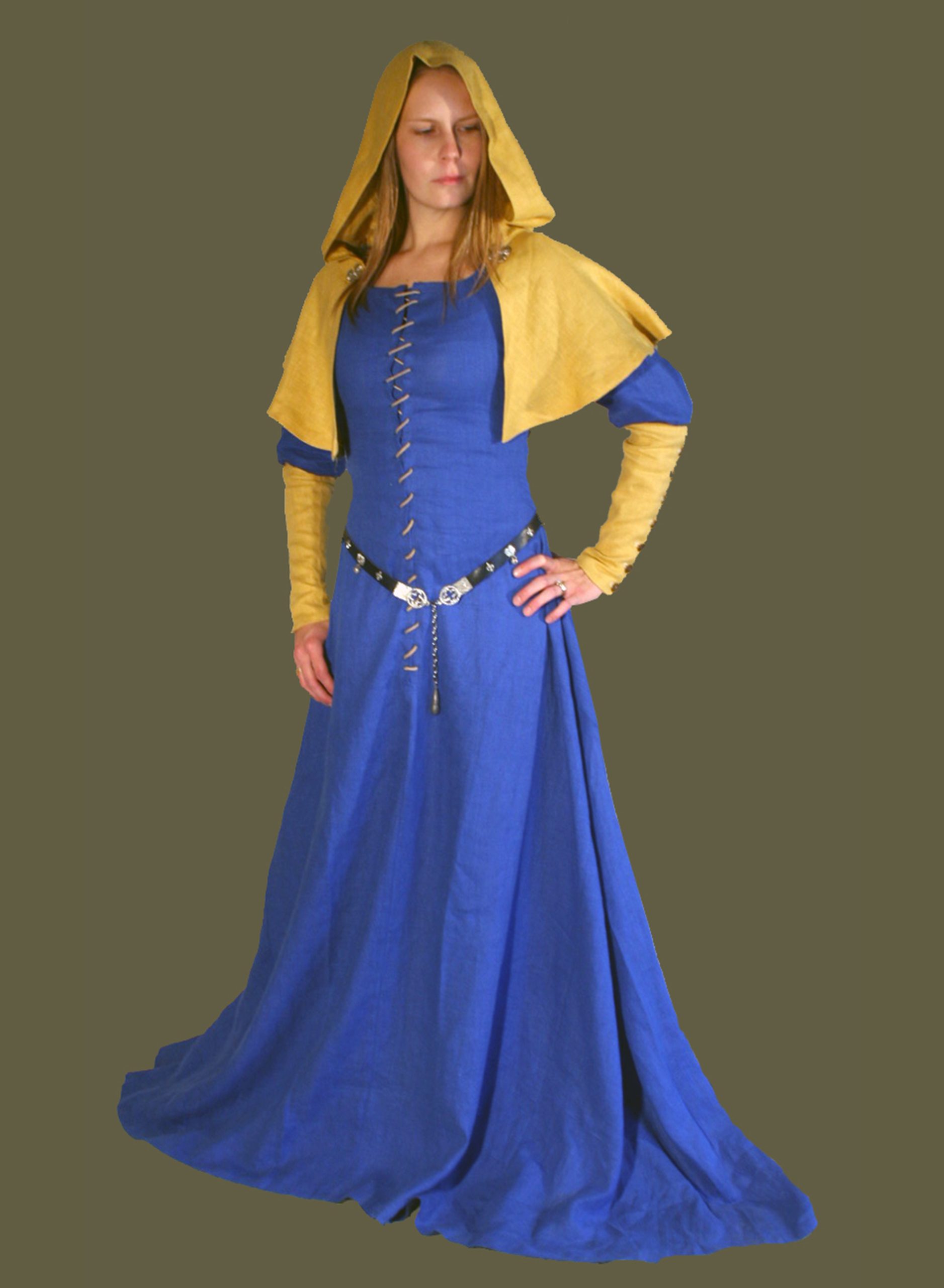gownLngSlv_15thc_BlueGoldLinen_wHood_front