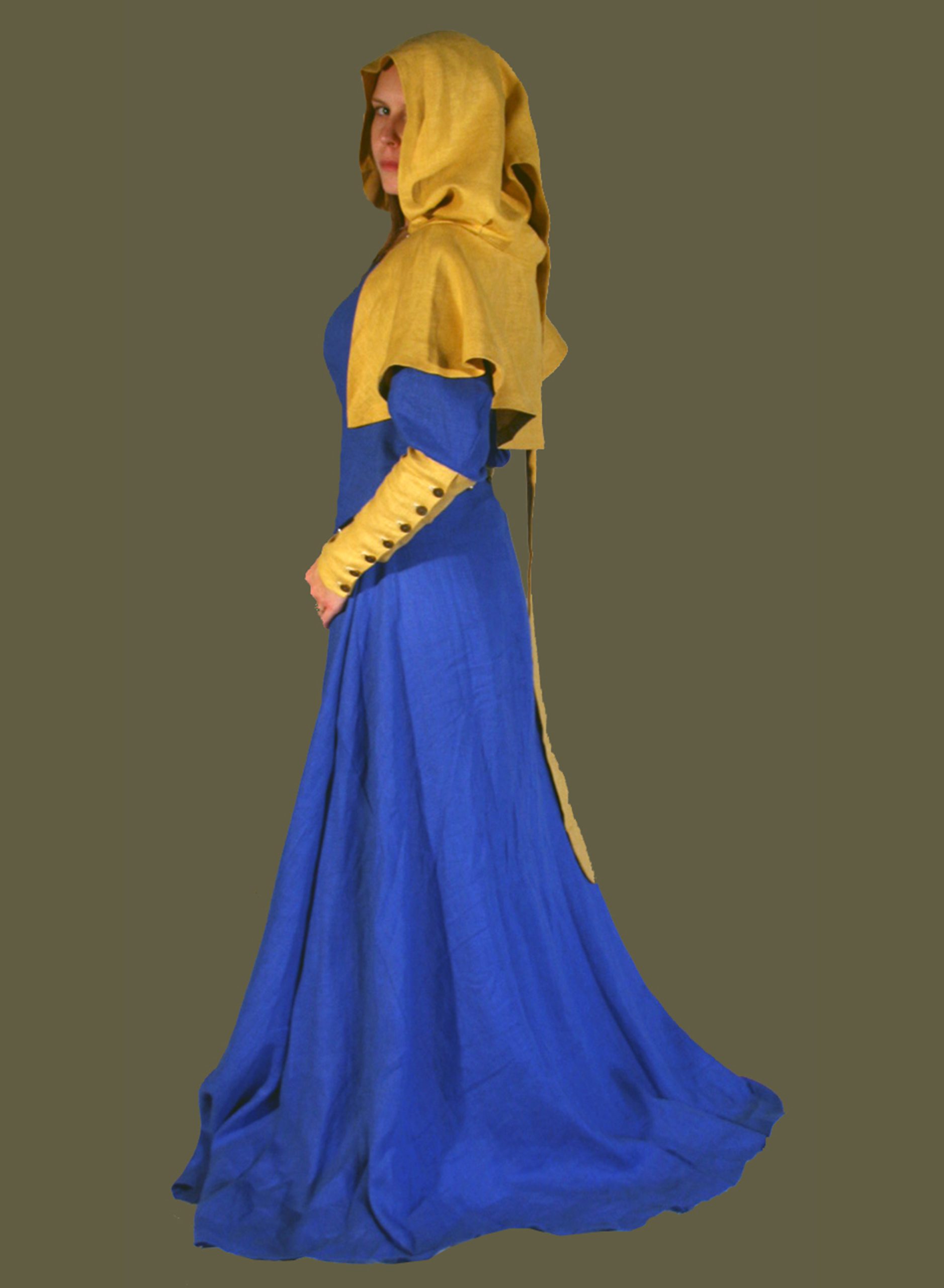 gownLngSlv_15thc_BlueGoldLinen_wHood_side